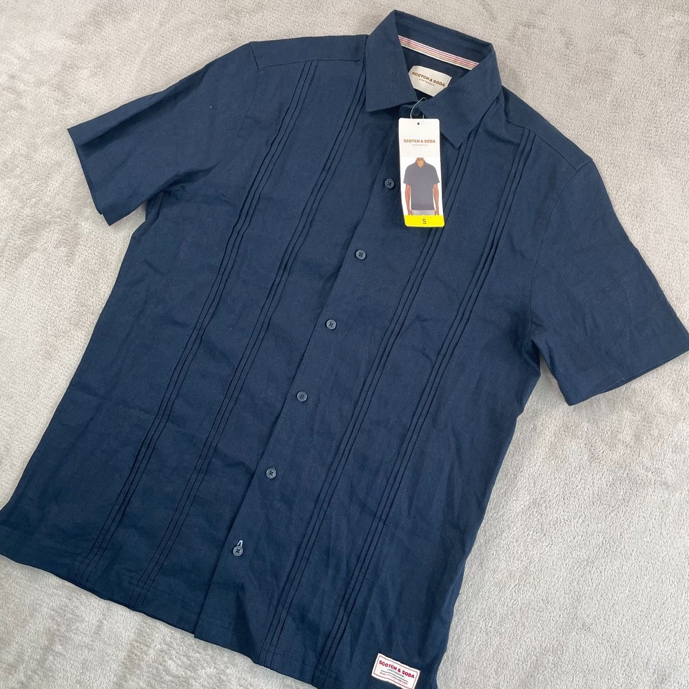 Scotch & Soda Cuban Style Shirt Men Small Navy Linen Blend Short Sleeve NWT